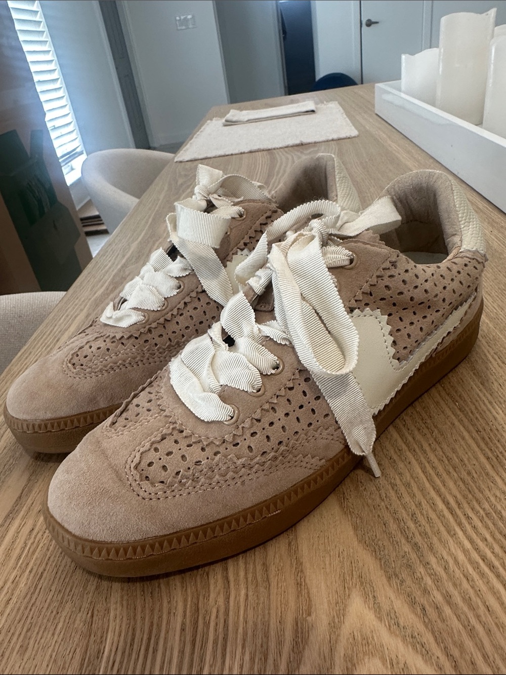 Dolce Vita Neutral Suede Perforated Lace-Up Sneaker - Cream/Tan
